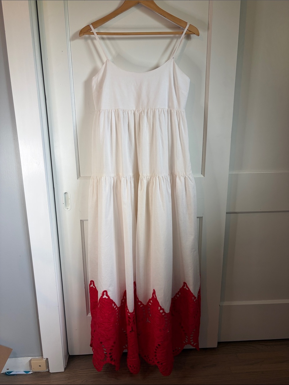 Hyacinth House White Maxi Dress with Red Lace Border- Sleeveless Spaghetti Strap